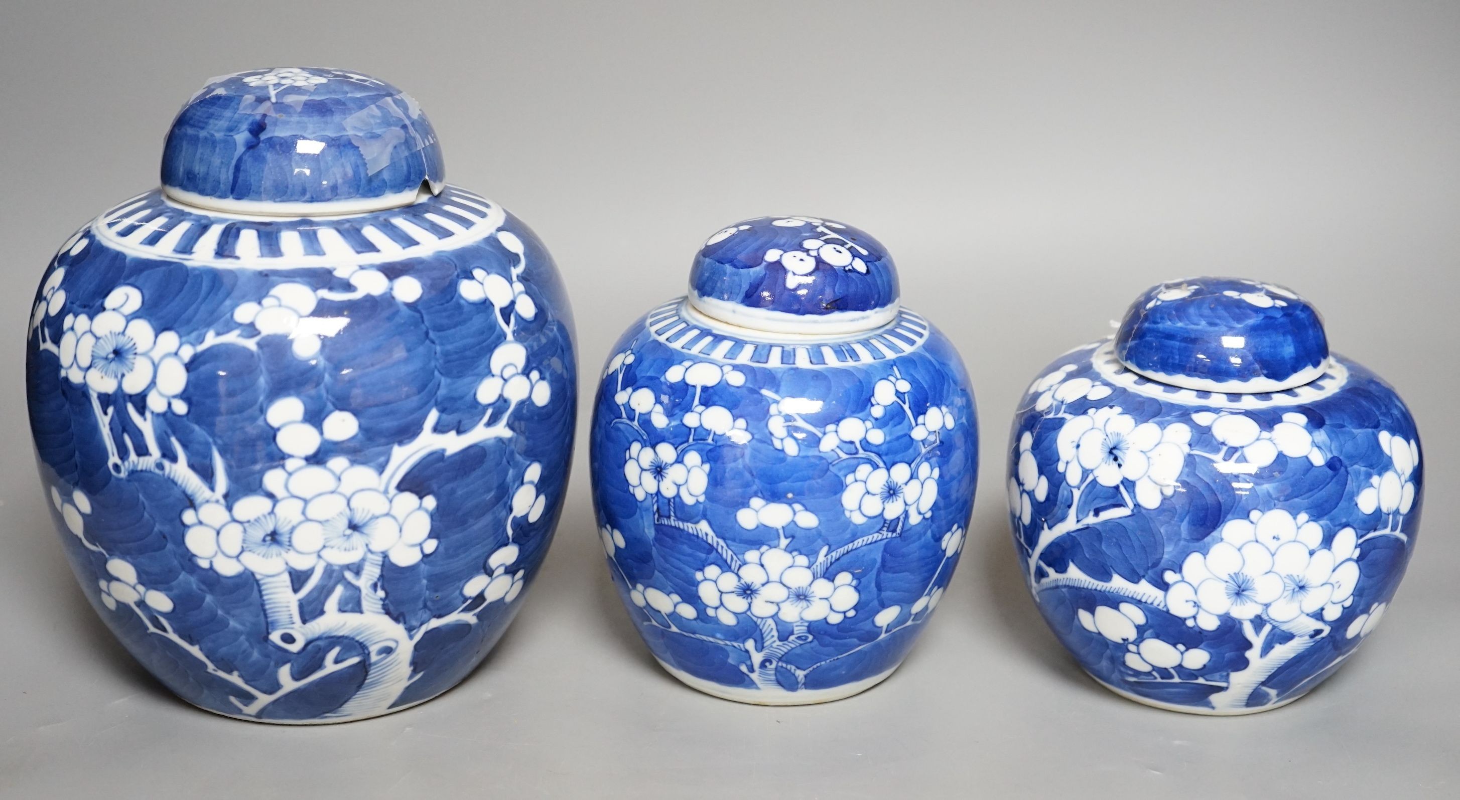 Three Chinese blue and white jars and covers, tallest 21cms high